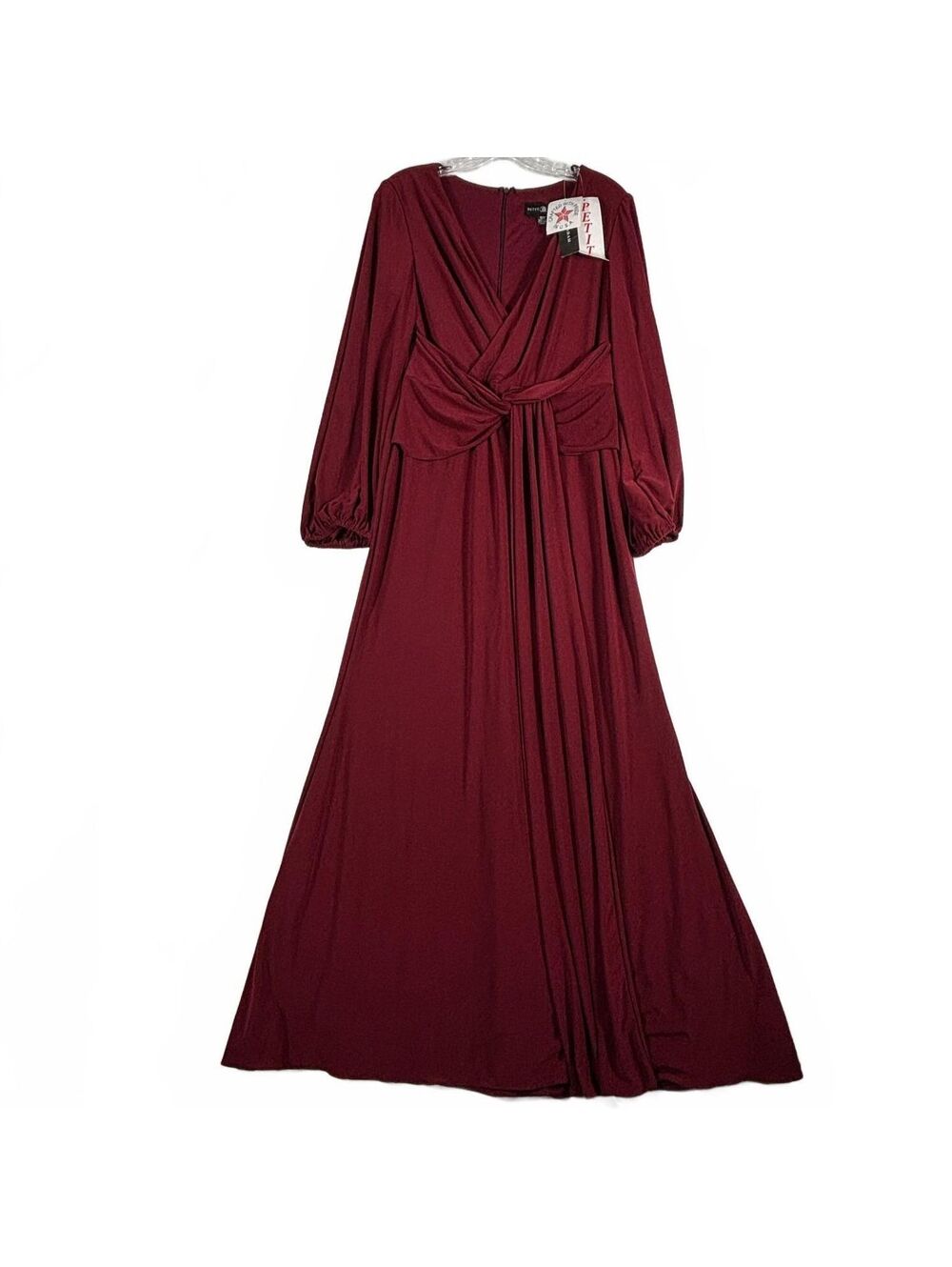 Betsy & Adam Women's Long-Sleeve Deep Burgundy V-Neck Draped Wrap Gown 12p NWT